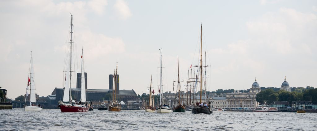 Ships heading upriver past Greenwich Pier to gather for the Parade of Sail