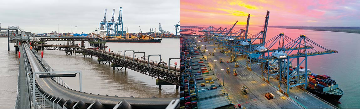 Images: Left: The Cemex jetty at Northfleet, the first major investment plan project completed. Right: DP World London Gateway, winning new services and looking at future growth.