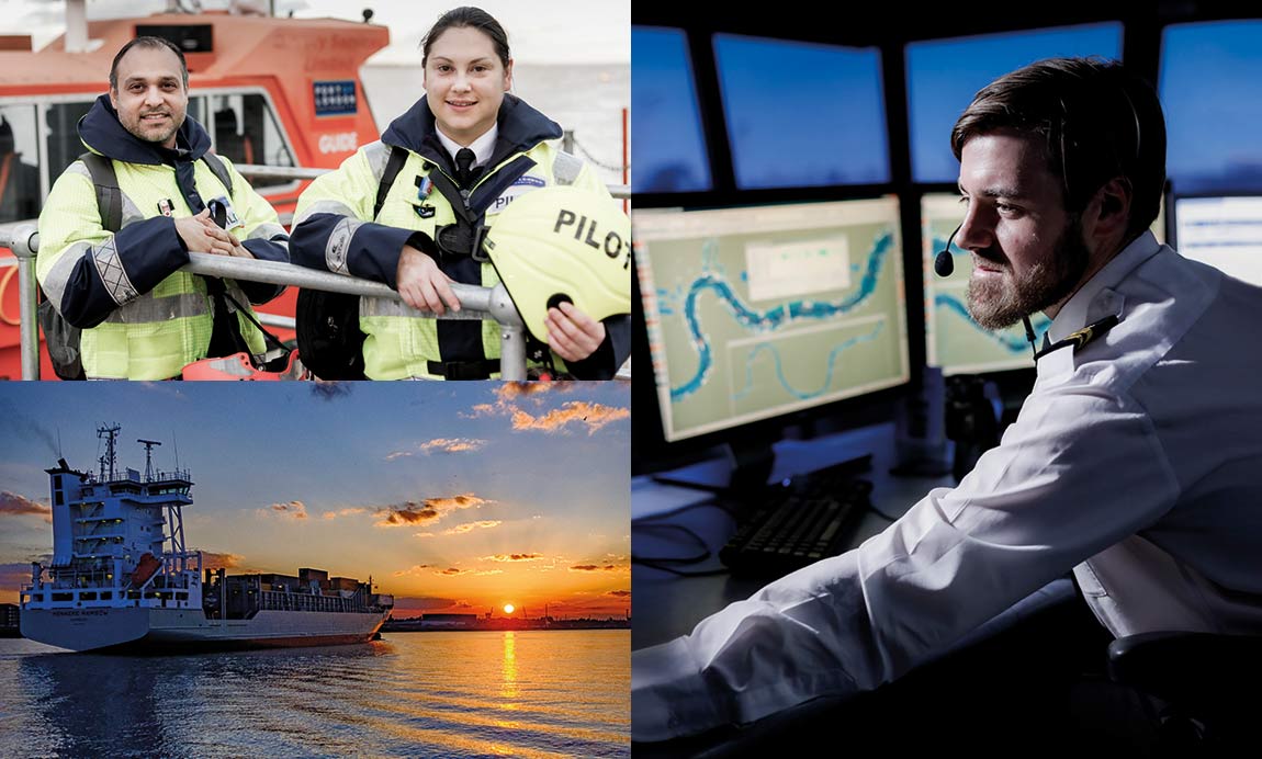 op left: Investment in training pilots underpinned a progressive improvement in customer service levels. Bottom left: Port throughput of 54 million tonnes makes London one of the UK's two major ports. Right: Port control at the heart of our marine safety systems.