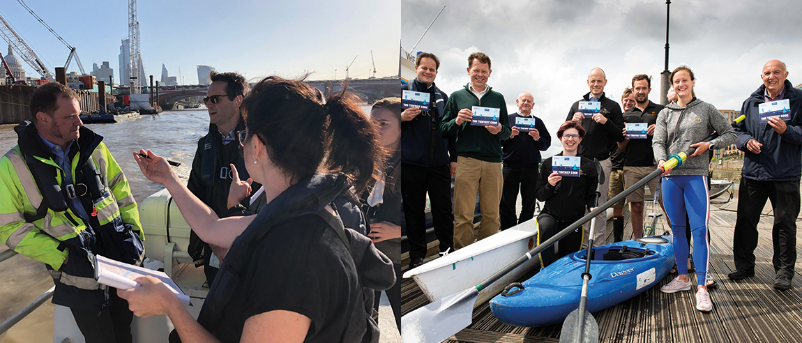 Images: Left: Sharing expertise on a Thames river trip. Right: Launch of the Tideway Code, a combined guide for rowers and paddlers.