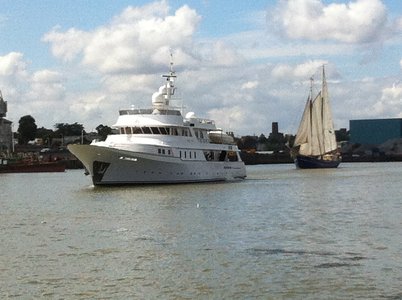 Superyacht Mary Jean off Gravesend with sail Greenwich vessel Zephyr in the background
