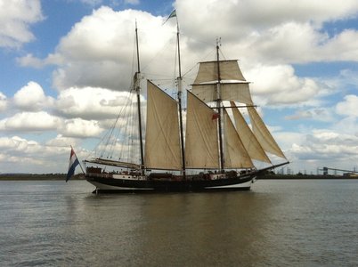Sail Greenwich vessel Oosterschelde heads down Gravesend Reach